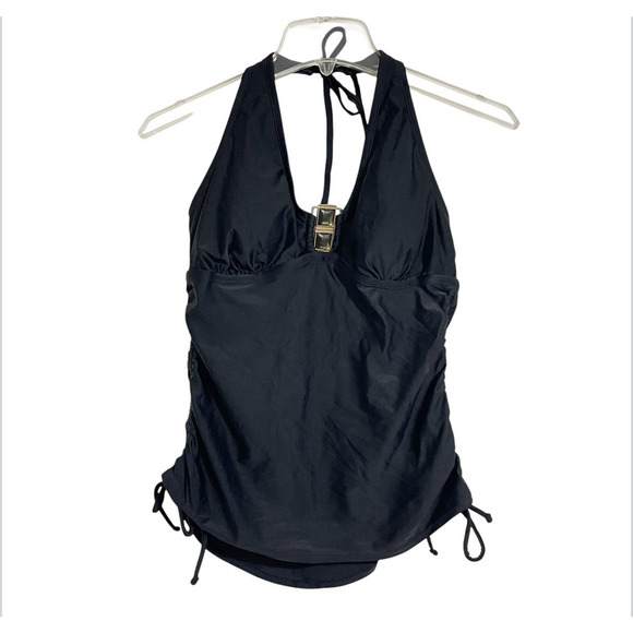 Merona Halter Tankini Swim Top Padded Size M Black Ruched Retro Pinup Boho NWOT - Picture 1 of 11